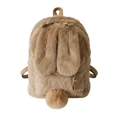 Mini Furry Fluffy Plush Schoolbag Winter Furry Rabbit Ear Backpack Cute Girls Shoulder Bag Women Travel Bag All-match