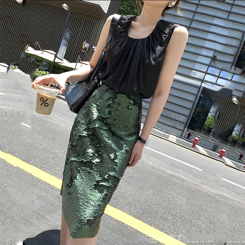High-waist Fashion Sparkling Double-sided Sequin Skirt Autumn Winter Slim Fit Hip Wrap Dress Party Elegant Women Green Skirts | Женская