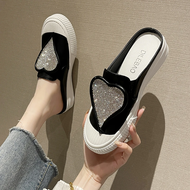 

Ladies Slippers 2021 Summer New Fashion Heart Shaped Rhinestone Baotou Women's Flip Flops All-match Comfortable Women Shoes