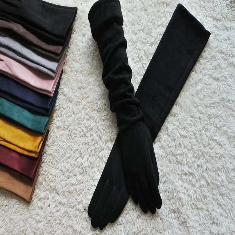 Зимние женские длинные перчатки Модные Новые 50 см замшевые супер мягкие тёплые с