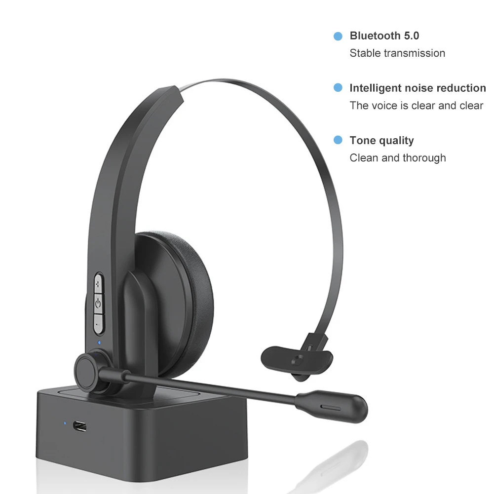 Bluetooth 5.0 Headset Wireless Handsfree with Microphone Charging Base On Ear Headphone for Car Truck Driver | Электроника