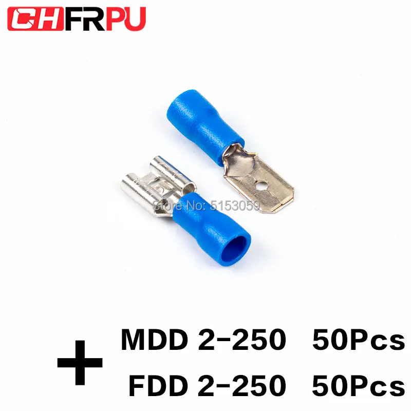 100 шт. 6,3 мм 16-14AWG FDFD/FDD/MDD 2-250 Женский Мужской изолированный Электрический обжимной терминал для 1,5-мм2 Кабельный разъем провода