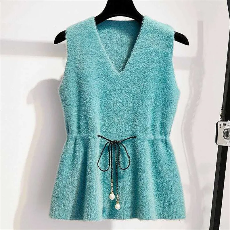

Short Vest Imitation Mink Velvet Sweater Knitwear Loose All-Match External Wear Pullover Belt Waistcoat Ladies Top TT0135