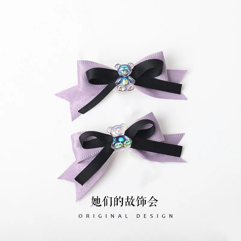 

E-sports Girl Black Purple Headdress Lolita Girl Bowknot Hair Clip laser Bear Sweet Side Clip Double Ponytail Hair Accessories