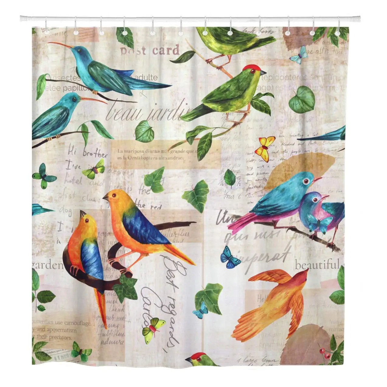 Занавеска для душа с акварельными птицами ярко-синего и золотисто-желтого цветов