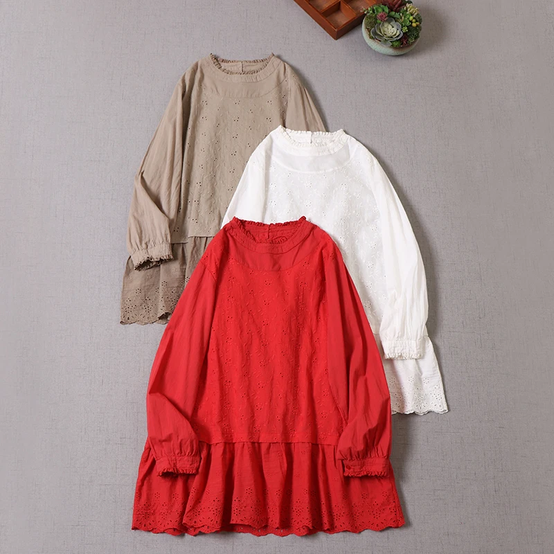 

Autumn New Solid Embroidered Stand Collar Long Sleeve Shirt Women Casual Top