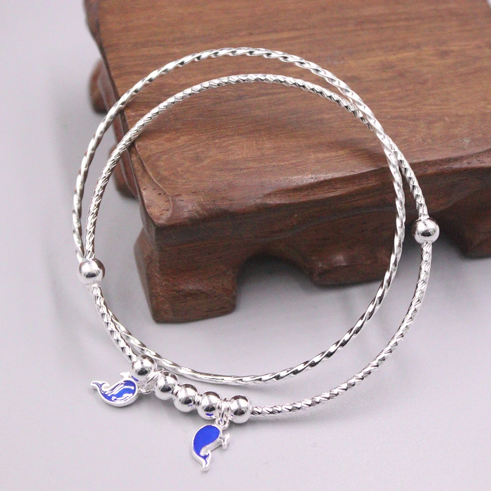 

Free Shipping S999 Fine Silver Bangle Women Luck Dolphin Full Star Bangle 58mm 5mmW 11-12g