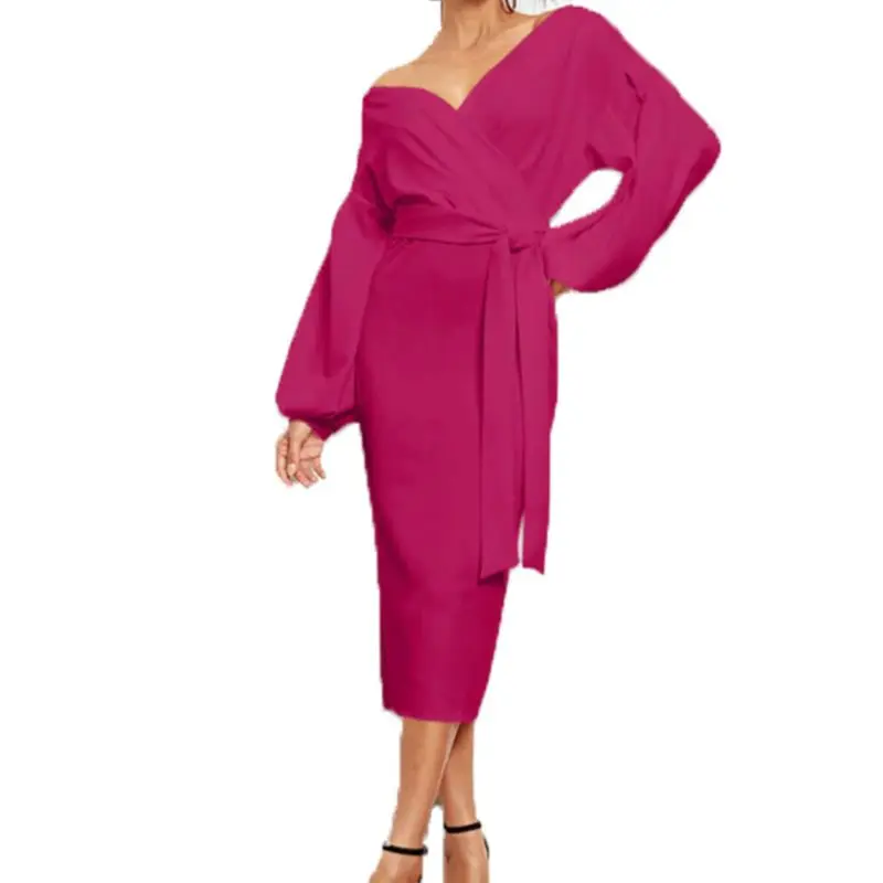 

Womens Sexy Puff Sleeve Off The Shoulder Wrap Slim Midi Long Dress Belted High Waist V-Neck Cocktail Evening Party Clubwear M5TE