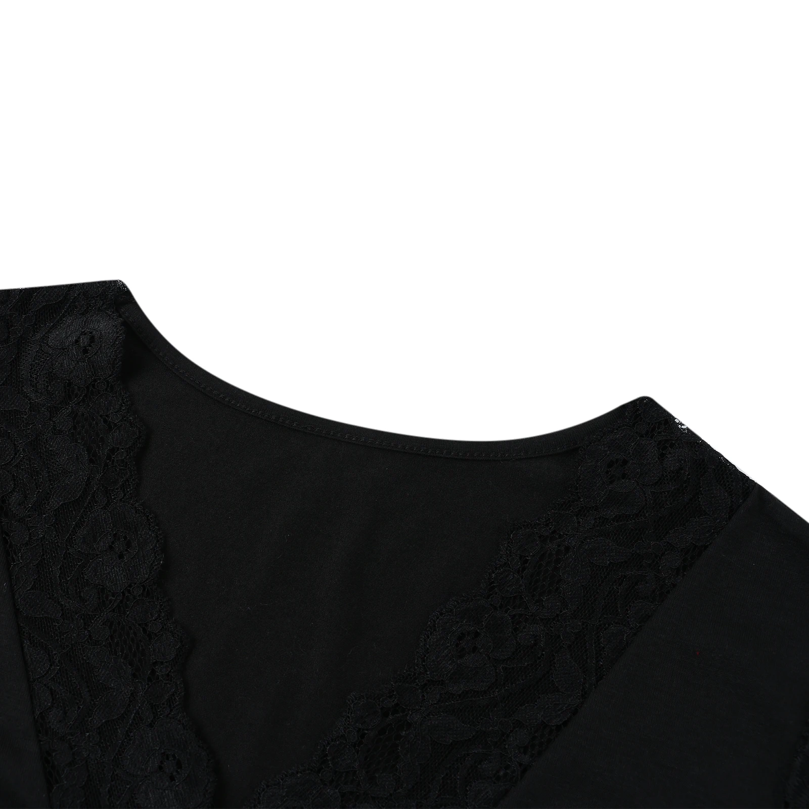 

Spring Womens Sexy Deep V-Neck Hollow out Tops Casual Long Sleeve Lace Patchwork Solid Color Loose T-Shirts