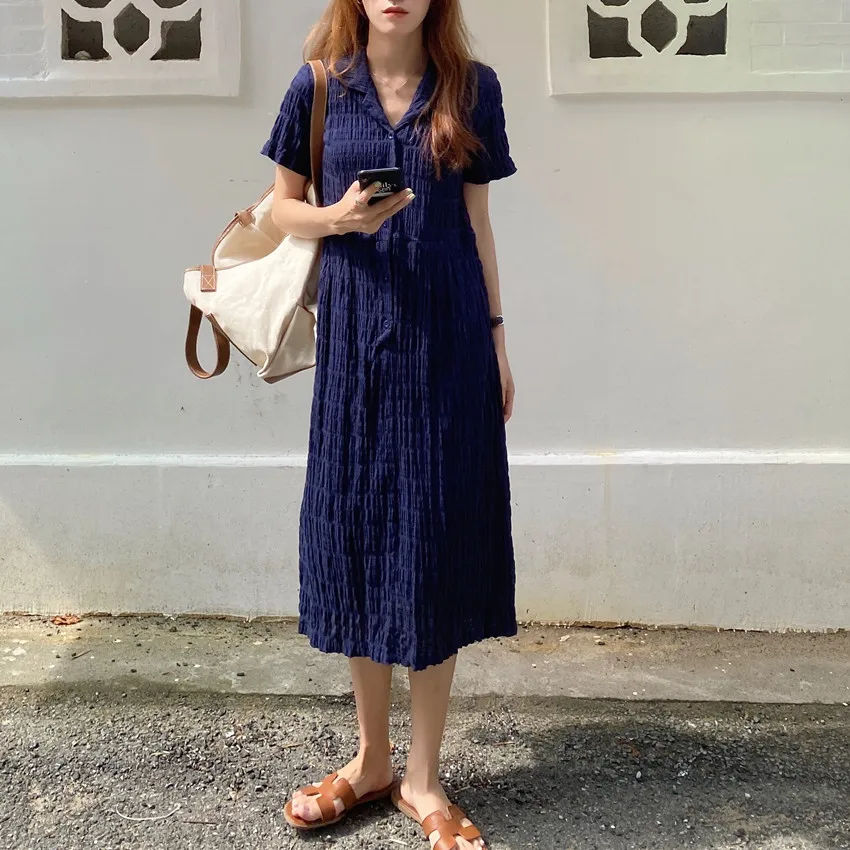 

2021 Summer Lapel Single Breasted Lace Up Slim Dress Solid Color Short Sleeve Midi Elegant Ladies Fashion Clothes