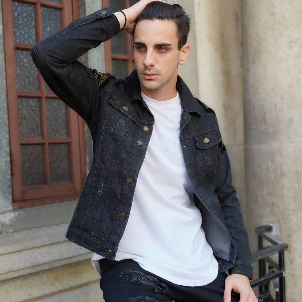 

Fashion Hip Men's Hop Denim Jacket Streetwear Coat Couples Casual Hip Hop Baseball Collar Eagle Printed Broken Hole Jean Jacket