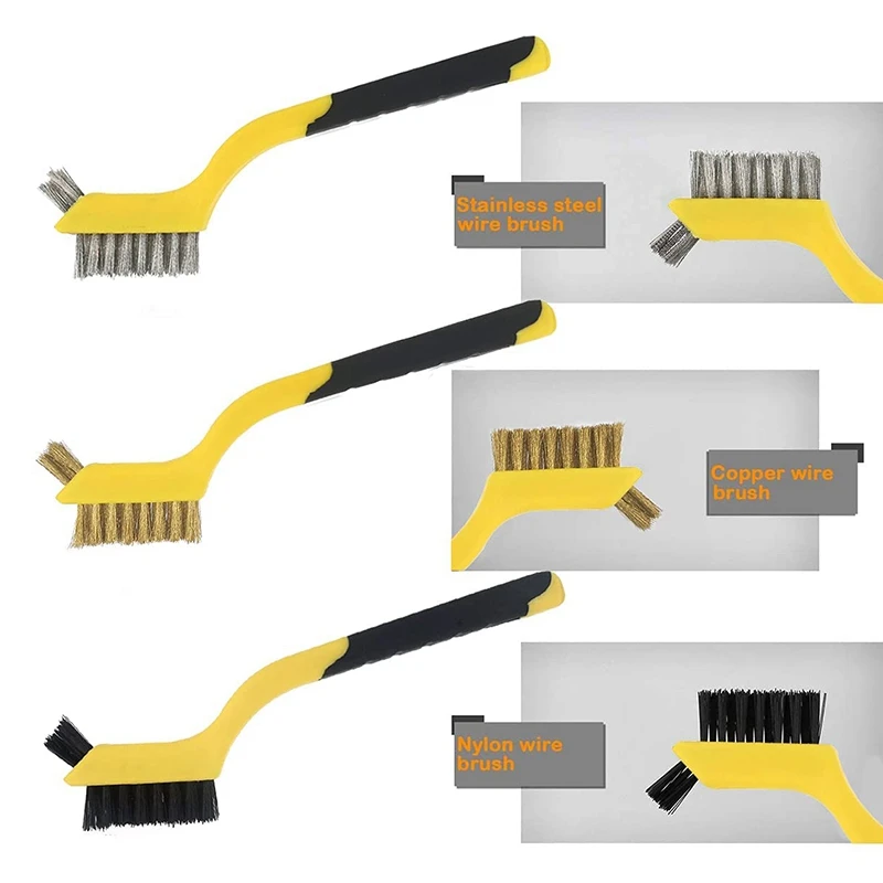 

9Pcs - Nylon/Brass/Stainless Steel Bristles with Curved Handle Grip for Rust, Dirt & Paint Scrubbing with Deep Cleaning