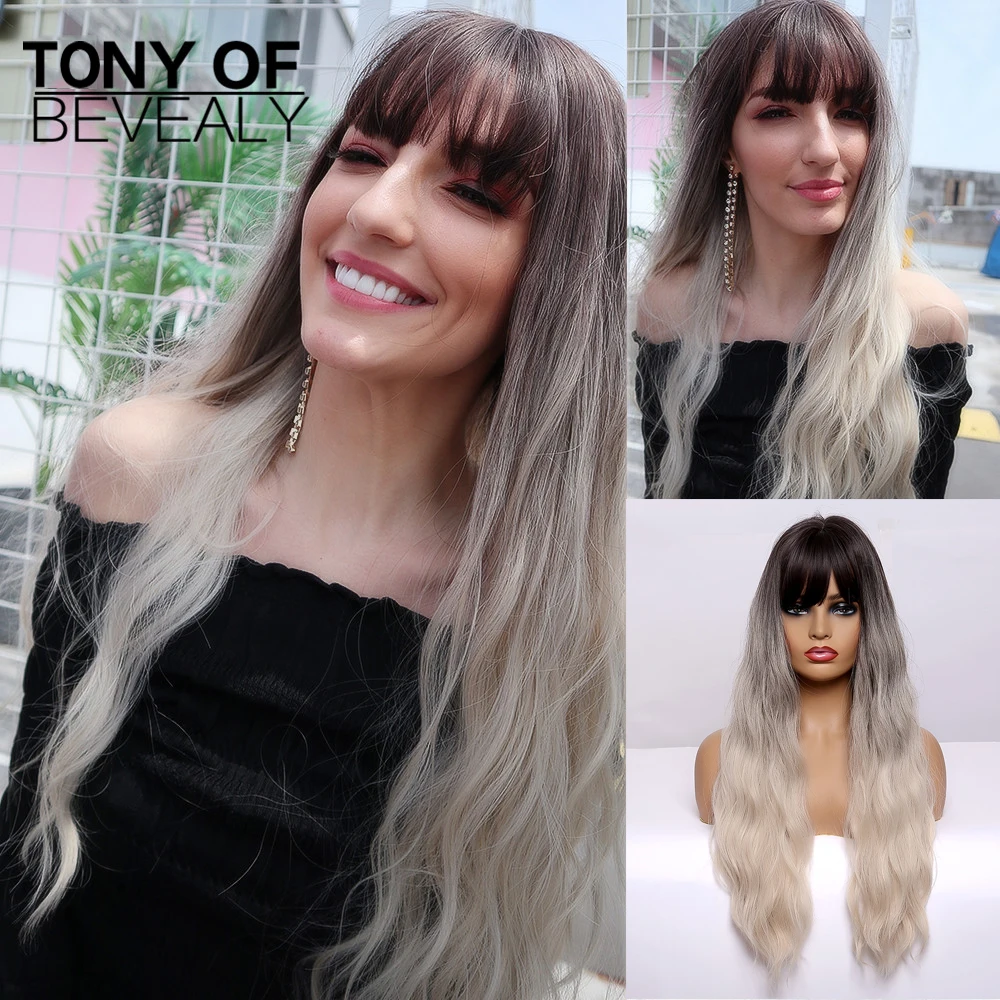 Длинные натуральные волнистые синтетические парики с челкой из черных и