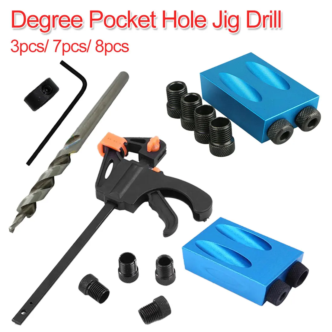 Woodworking Pocket Hole Jig Kit 3pc/7pc/8pc 6/8/10mm Angle Drill Guide Set Hole Puncher Locator Jig Drill Bit Set For Carpentry