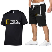 national geographic tracksuit sets mens casual brand fitness sweatshirt two piece t shirt shorts mens hip hop fashion clothing
