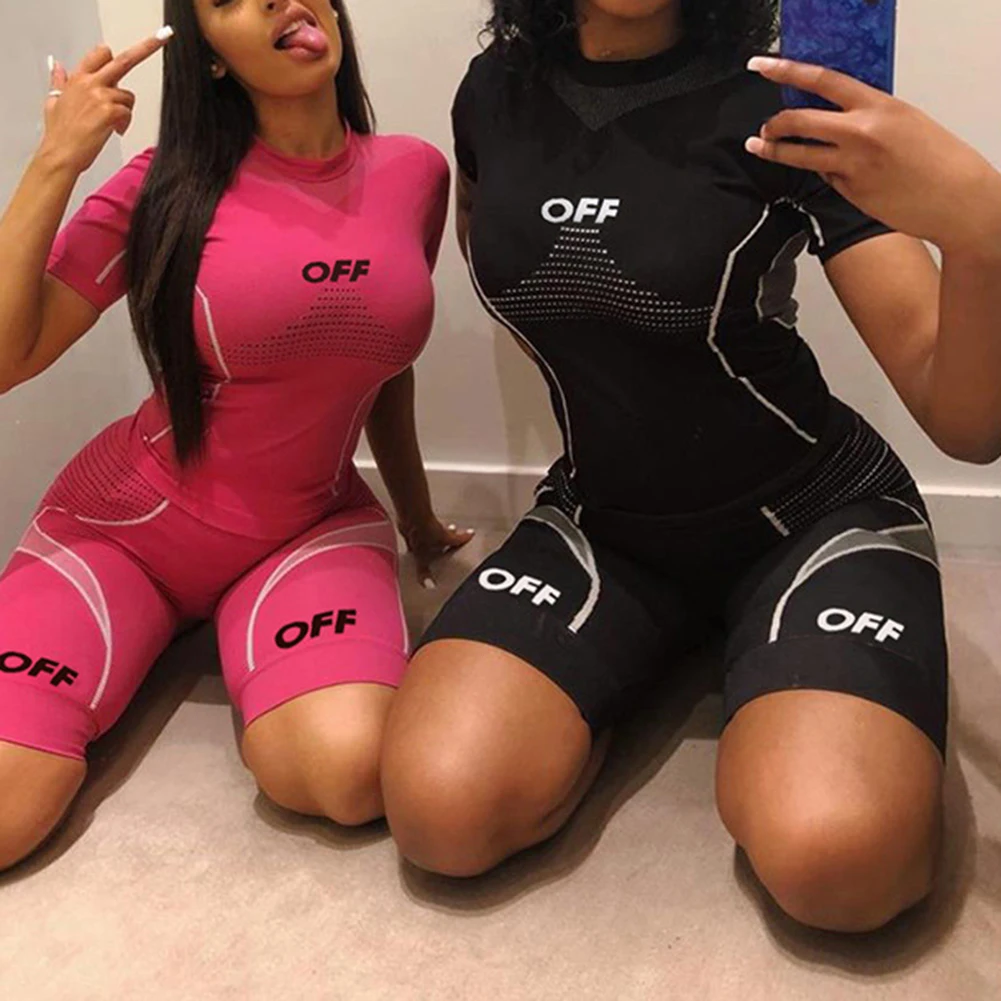 

Summer Women Slim Tight Two Piece Sets Outfits Fitness Workout Biker Shorts Black Crop Tops Leggings Sportswear Breathable