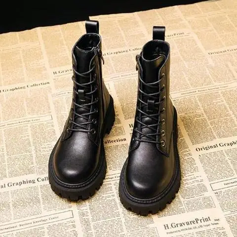 

Women Black PU Leather Ankle Boots Women Autumn Winter Round Toe Lace Up Shoes Woman Fashion Motorcycle Platform botas de mujer