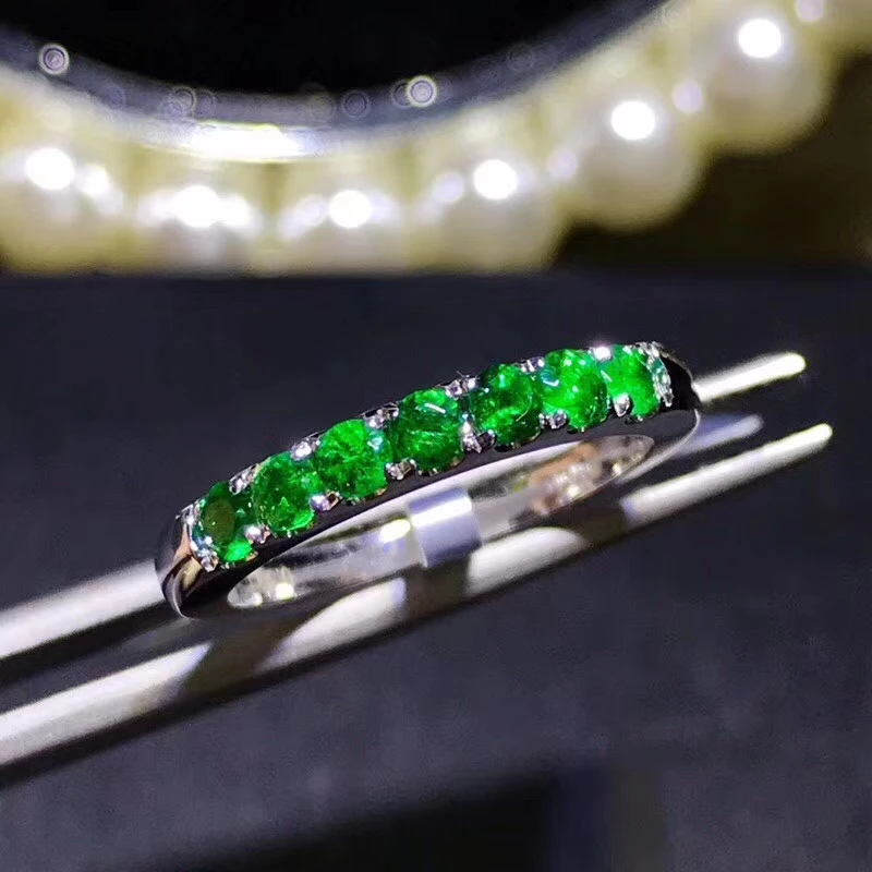Модное тонкое кольцо с натуральным зеленым изумрудом S925 Серебряное драгоценным