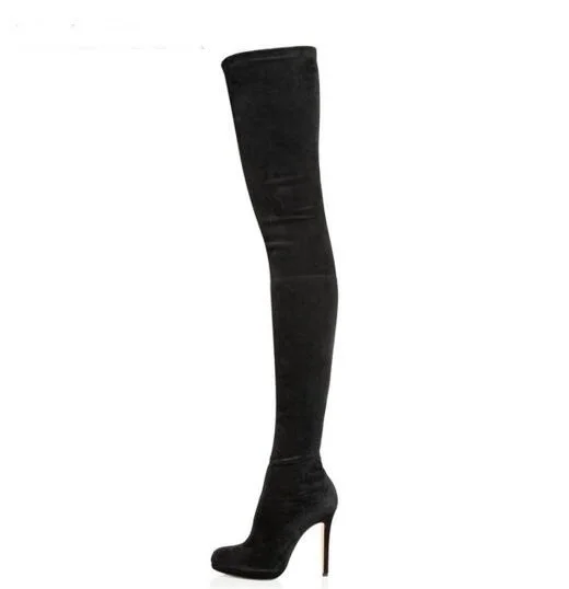 Замшевые черные женские сапоги выше колена на платформе с круглым носком высоком