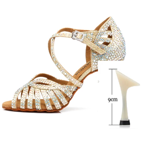 gold heel 9cm WUXIJIAO/туфли для латинских танцев; женские туфли на высоком каблуке; черные Серебристые золотистые блестящие удобные туфли для сальсы; вечерние туфли для сальсы - Цвет: gold heel 9cm