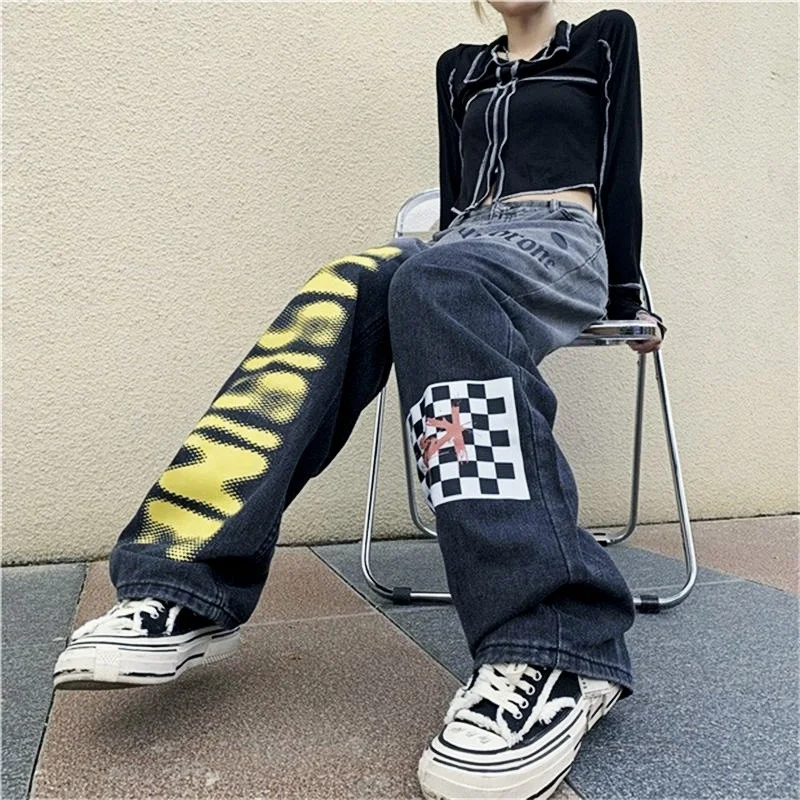 

New Trend Versatile Gradient Jeans Women Ins High Waist Slim Casual Loose Straight Wide Leg Pants egirl