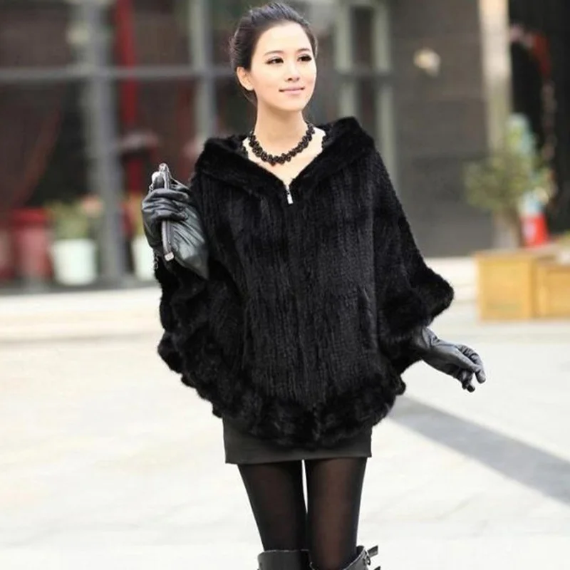 Fashion women fur shawls winter knitted real mink fur hooded mink fur knitted poncho
