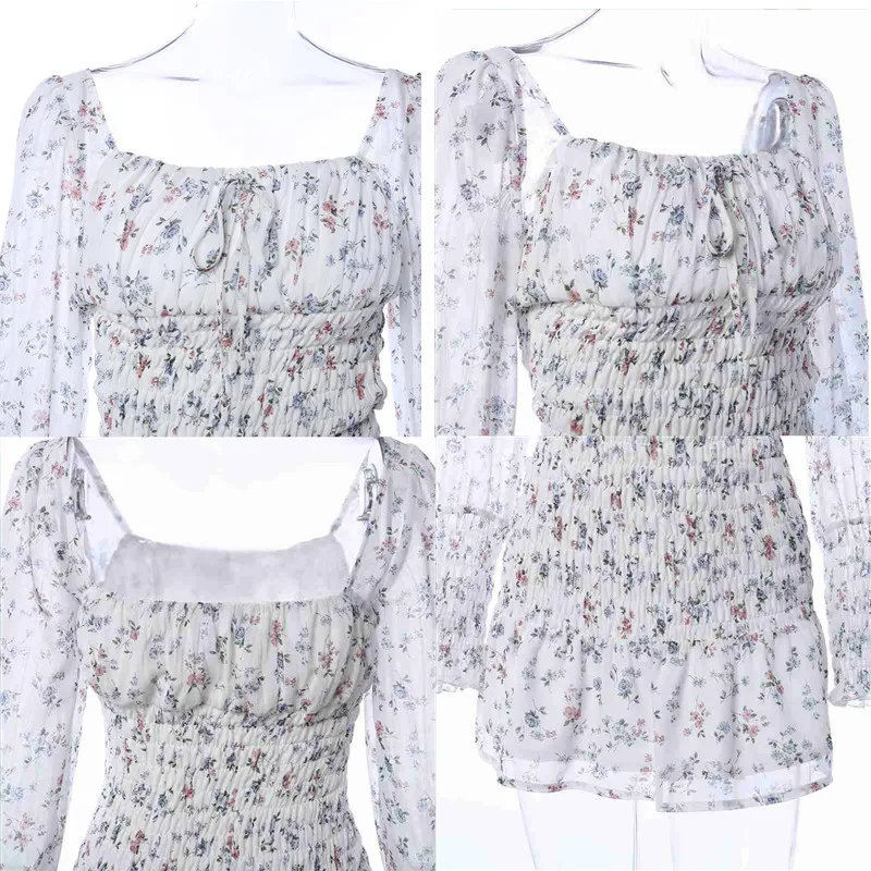 

Women's Lace up Bow Short Puff Sleeve Floral Print Mini Sexy White Dress Square Collar Retro Boho Slim Waist Korean Vestidos