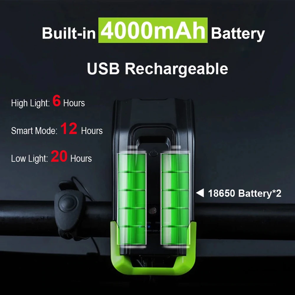 Умный индукционный велосипедный передний фонарь 4000 мАч зарядка через USB 2 * T6