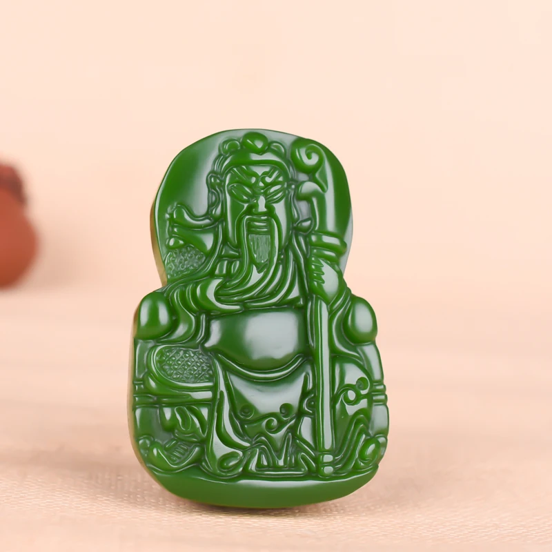 Китайский натуральный зеленый нефрит Гуань Юй кулон ожерелье ручной резки