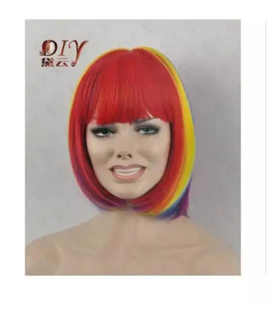 + 407 короткие Лидер продаж микс Цвет прямые Для женщин парик цвета радуги Cos