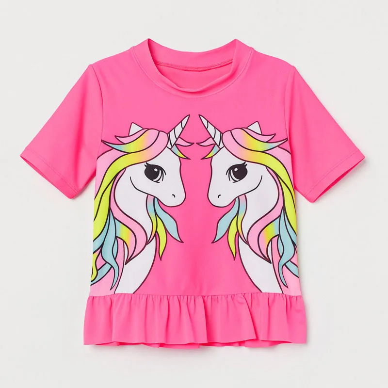 

Детские летние футболки с оборками на кромке, топы для девочек, одежда с мультяшным принтом единорога для детей от 2 до 7 лет