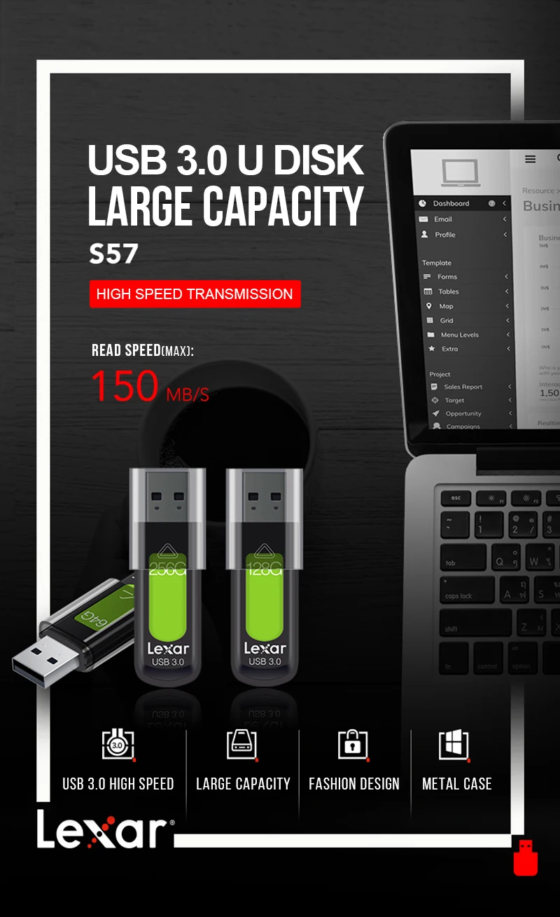 Lexar 32 Гб 64 128 ГБ 256 USB3.0 S57 Green скорость чтения 130 МБ/с./с стильный портативный с