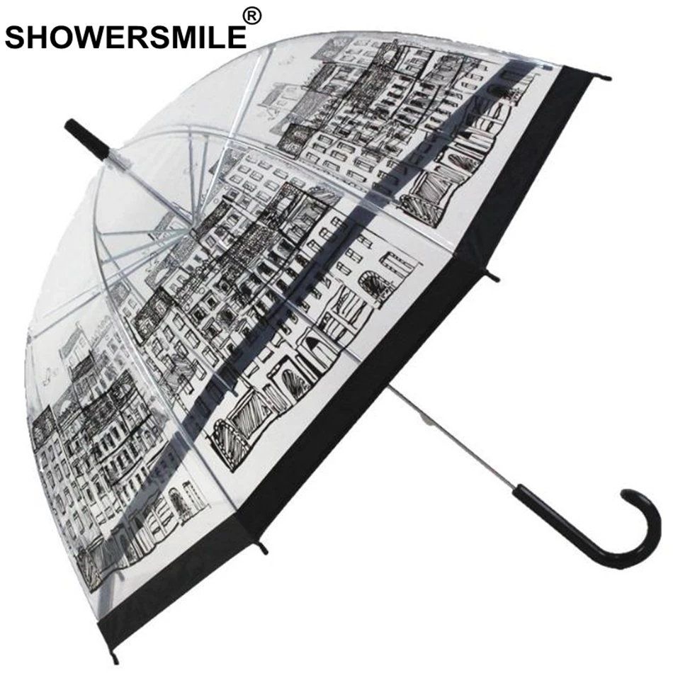 Прозрачный дождевой Зонт SHOWERSMILE, прозрачный, прозрачный, с принтом в виде здания, Полуавтоматический зонт, новинка, Guarda Chuva