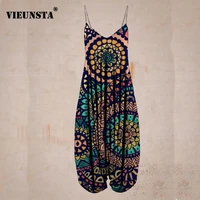 4xl vintage pattern printed jumpsuit women sexy v neck off shoulder loose rompers spring summer backless beach overalls playsuit