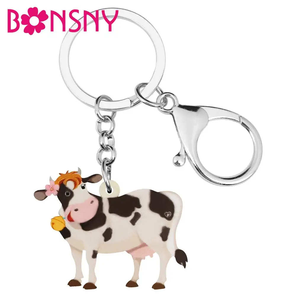 Bonsny акриловый брелок для ключей с колокольчиком молочного скота корова ферма