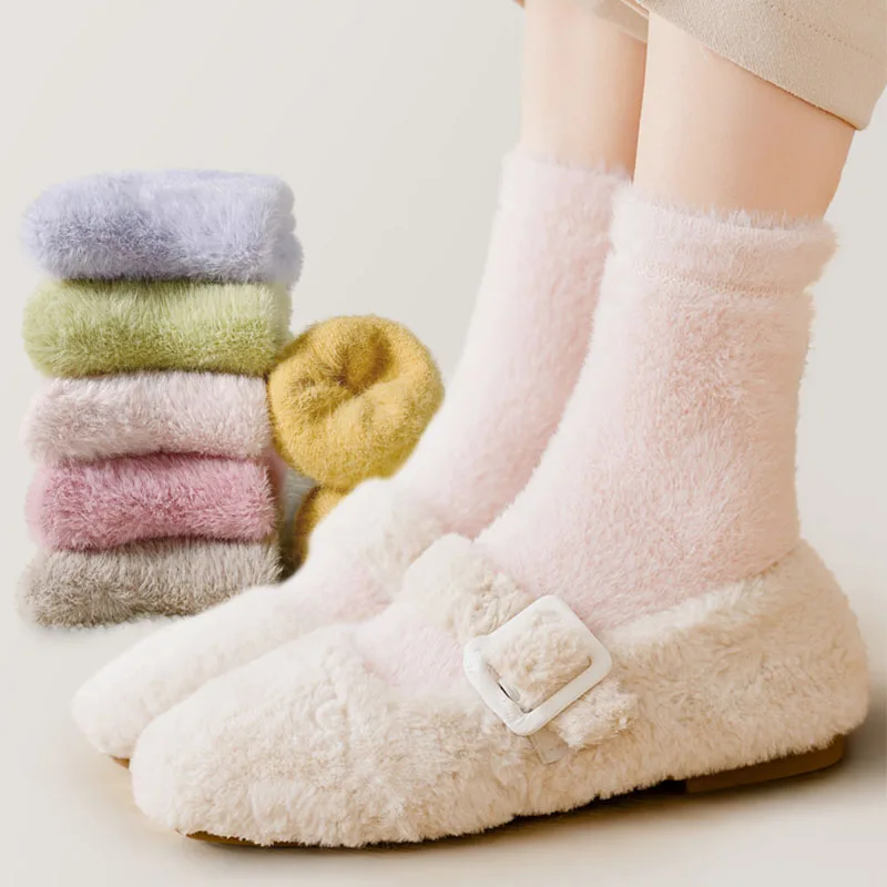 

New Thickening Coral Fleece Socks Women Christmas Tree Elk Cartoon Cute Mid-tube Winter Warm Elastic Home Bed Floor Slipper Sock