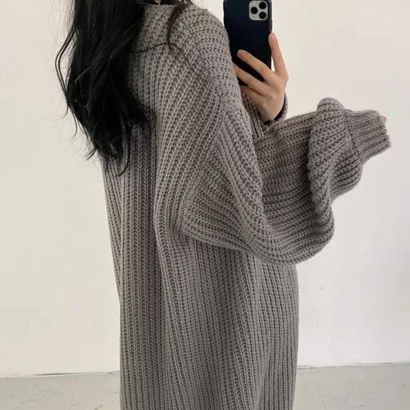 Длинный вязаный кардиган женский свободный свитер пальто Женский однотонный