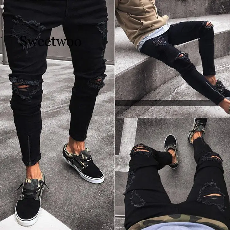 Mens Black Jeans Skinny Ripped Destroyed Stretch Slim Fit Hop Hop Pants With Holes For Men