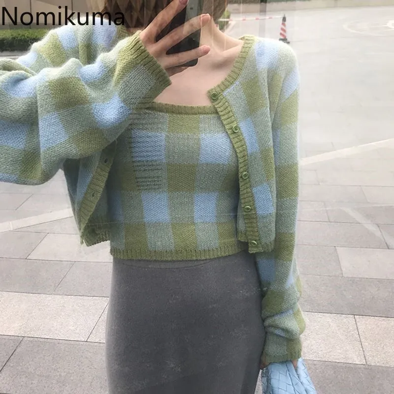 

Nomikuma Vintage Plaid Cropped Cardigan Women Two Piece O Neck Long Sleeve Casual Sweater Single Breasted New Chic Knitwear