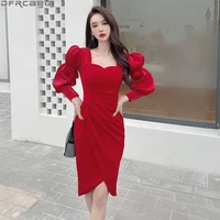 new fashion spring red dresses for women 2022 party evening sexy dress backless long puff sleeve dress slim midi bodycon vestido