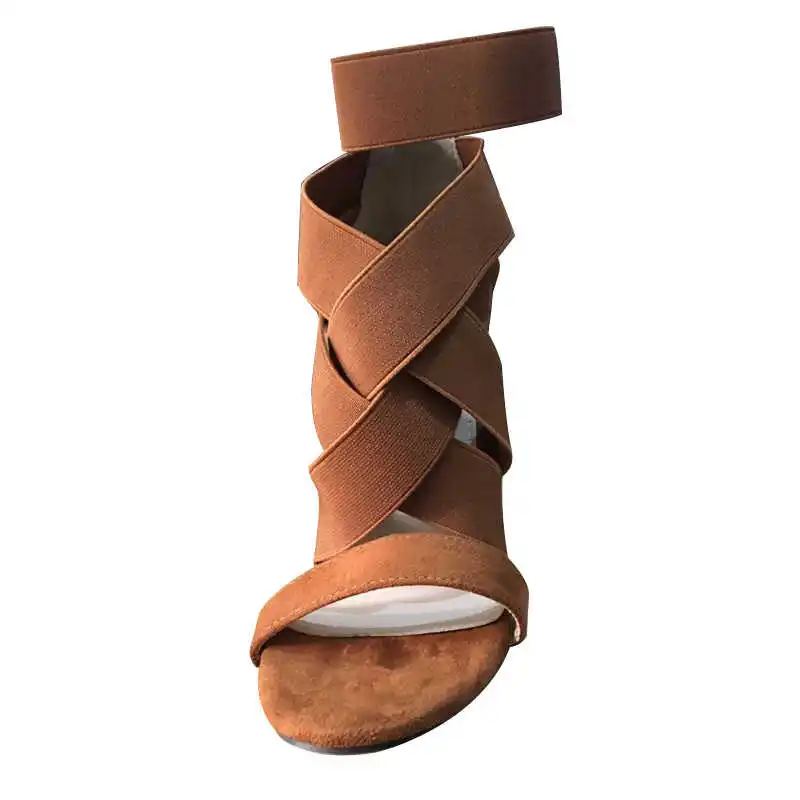 

New fashion high heeled sandals in 2019 large elastic women's shoes with elastic band suede