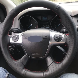 black soft artificial leather diy car steering wheel cover ford focus 3 2012 2014 c max 2011 2014 kuga escape 2013 2016 free global shipping
