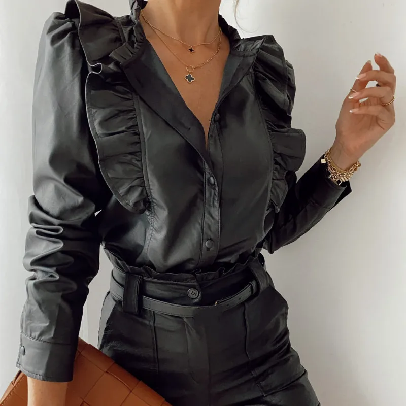 

Vintage High Street PU Leather Shirt Tops Women Solid Black Ruffles Long Sleeve Button Down Slim Tops Coats Autumn Spring Femme