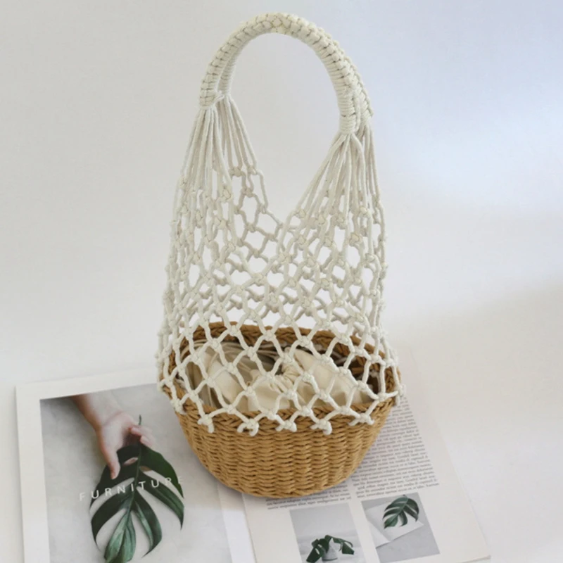 

Handbag Women Hand-Woven Top-Handle Beach Bag Circular Knitting Bags Travel Tote Straw Bags for Women