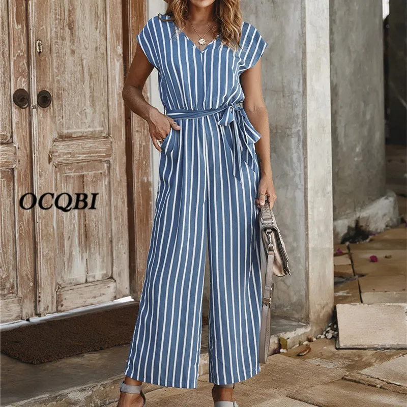 

2020 Women Jumpsuits Casual Pockets Sexy Fashion Clothing Korean OL Striped Jumpsuits Plus Size