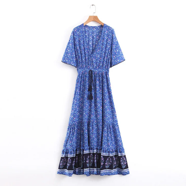 

WEPBEL Bohemian Dress Women's Tassels Slim-Fit Dress Summer Casual Floral Print Short Sleeve V-neck Stitching High Waist Dress