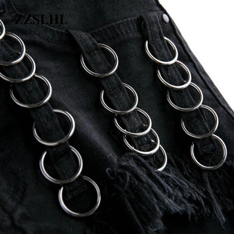 

Fashion 2020 Summer Punk Women Denim Shorts Casual Mid Waist Rings Tassels Shorts Gothic Style Black Sexy Short Jeans