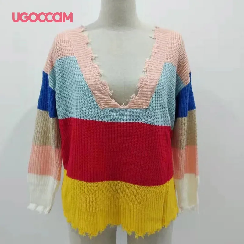 

UGOCCAM Woman Sweaters Candy Color Striped Sweet Women Pullovers Sexy Deed V Neck Knitted Sweater Women Clothes Ropa Mujer