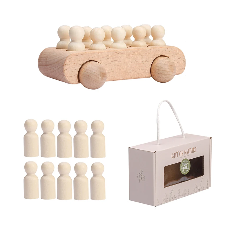 

1Set Baby Wooden Peg Dolls Beech Car Montessori Educational Safe Toys Puzzle Game Gifts for Children Newborn Goods Car Gift Box