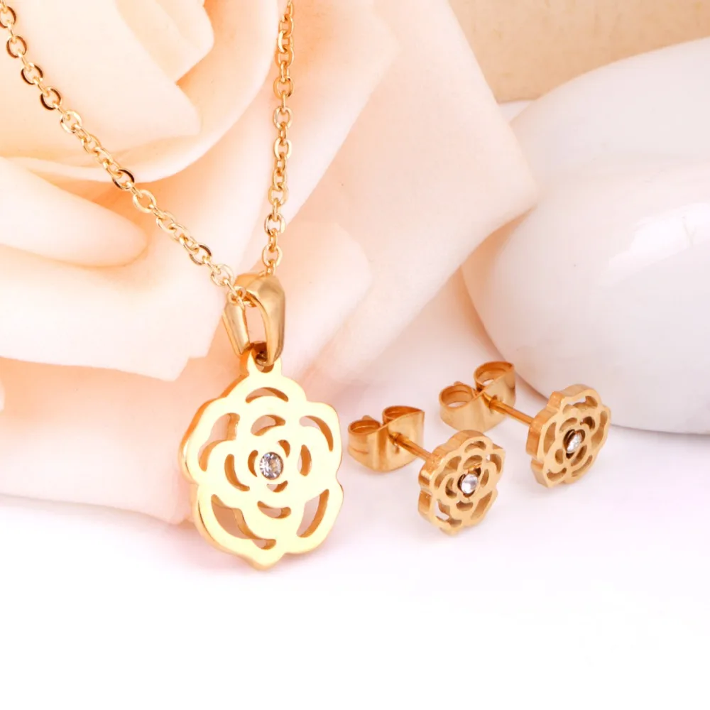 ASONSTEEL Bridal Jewelry Sets Stainless Steel Gold/Silver Color Romantic Flower Shape Pendants Charm Chain Necklace Earring Sets